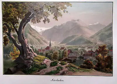 handkolorierte Lithografie "Interlaken-Vallee d'Interlacken" um 1850 Schweiz sf