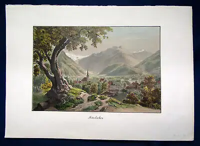 handkolorierte Lithografie "Interlaken-Vallee d'Interlacken" um 1850 Schweiz sf