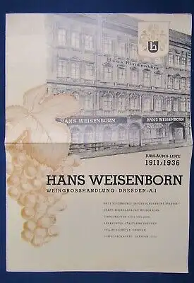 Weinkatalog Preisliste Hans Weisenborn Weingrosshandlung Dresden 1936 js