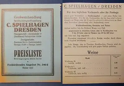 Preisliste Getränke C.Spielhagen Dresden 1927 Weißwein Rotwein Alkohol js