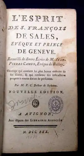 Camus L'Esprit de S. Francois de Sales, eveque et prince de Geneve 1770 mb