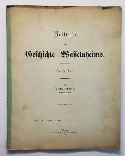 Wirth Beiträge zur Geschichte Wasselnheims 1880 Wasselonne im Mittelalter xz