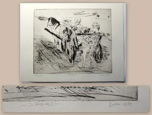 Jürgen Raiber Originalradierung In Köthwitz I 1989 Grafik Kinder Pferdekutsche