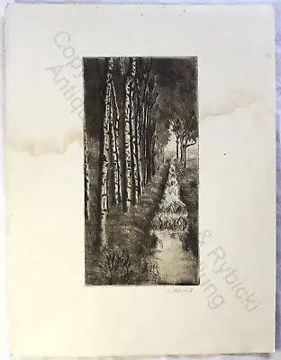 Orig. Radierung Herbst um 1950 Birkenwald mit Bachlauf aus der Galerie Joh. Kühl