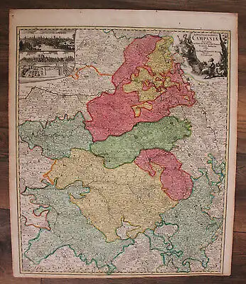 Orig. kol. Kupferstichkarte "Tabula Geographica Campaniae" um 1750 Frankreich sf