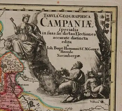 Orig. kol. Kupferstichkarte "Tabula Geographica Campaniae" um 1750 Frankreich sf