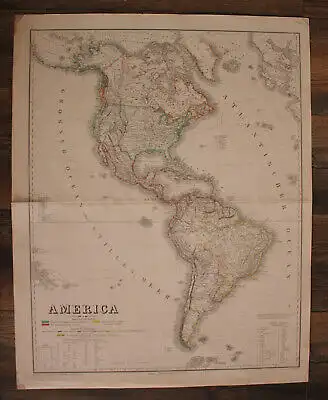 Original grenzkolorierte Stahlstichkarte "America" um 1850 Grafik Geografie sf