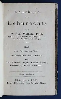 Paetz Lehrbuch des Lehnrechts 1837 Rechtswissenschaften Juristen Jura sf