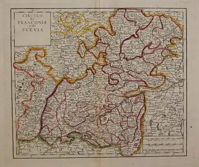 Orig.grenzkol. Kupferstichkarte "Circolo di Franconia e di Svevia" 1750 del Reno
