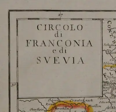 Orig.grenzkol. Kupferstichkarte "Circolo di Franconia e di Svevia" 1750 del Reno