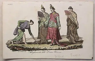Asien Thailand Burma Trachten Kupferstich um 1825 Bernieri handkoloriert Grafik 