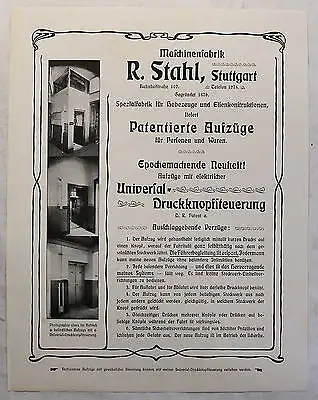 Altes Werbeblatt Maschinenfabrik Rafael Stahl Stuttgart Aufzüge Lifte um 1910 xz