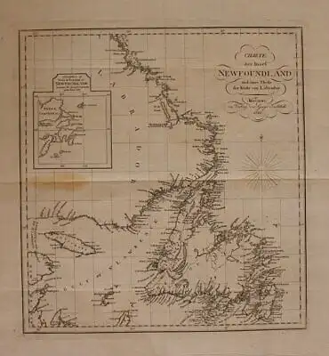 Orig. Kupferstichkarte "Charte der Insel Newfoundland & Teil Labrador" 1821 sf