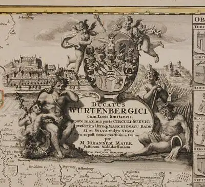 Orig. kol. Kupferstichkarte von Majer "Ducatus Wurtenbergici" 2 Teile um 1730 sf
