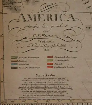 Original grenzkolorierte Stahlstichkarte "America" um 1850 Grafik Geografie sf