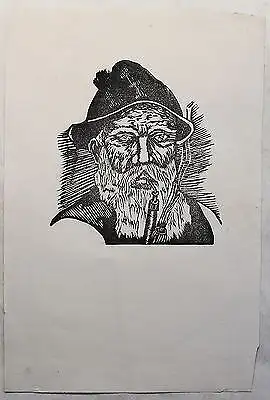 Holzschnitt Erzgebirgsbauer mit Pfeife Alter Mann ca. 13x14 cm - Druckgrafik xz