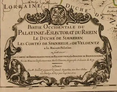 Orig. grenzkol. Kupferstichkarte "Partie Occidentale du Palatinat" 1700 sf