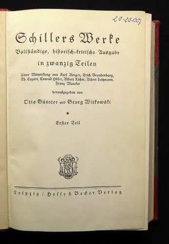 Güntter, Witkowski Schillers Werke 20 Bücher in 10 Bänden 1910 Klassiker Lyrik