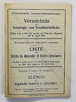 Original Prospekt Verzeichnis der Sonntags- und Rundfahrtbillette Schweiz 1927
