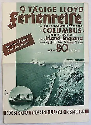 Original Werbeprospekt Ferienreise Ocean-Schnelldamper Norddeutscher Lloyd 1933
