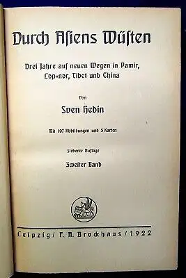 Hedin Sven Durch Asiens Wüsten Drei Jahre auf neuen Wegen 2 Bde. 1922 js