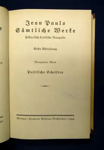 Jean Pauls Sämtliche Werke Politische Schriften 14.Bd.  1939 Klassiker Lyrik js