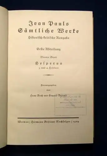 Jean Pauls Sämtliche Werke Hesperus 4.Bd. 1929 Klassiker Belletristik Lyrik js