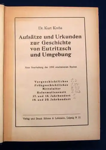 Krebs Aufsätze u. Urkunden zur Geschichte von Eutritzsch u. Umgebung 1900 js