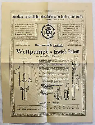 Originial Werbeblatt Landwirt. Maschinenhalle Liebertwolkwitz Pumpen Eisele 1909