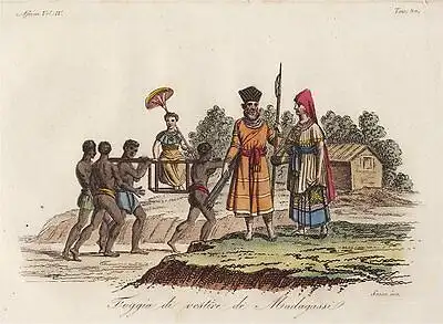 Kupferstich Afrika Madagaskar Ostafrika Kostüm 1825 Sasso handkoloriert Grafik