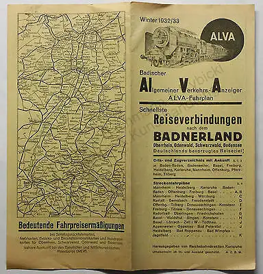 Prospekt Reklame ALVA Fahrplan Reiseverbindungen Badnerland 1932 Baden xz