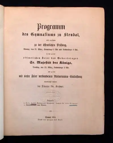 Krahner Programm des Gymnasiums zu Stendal 1864 Geschichte js