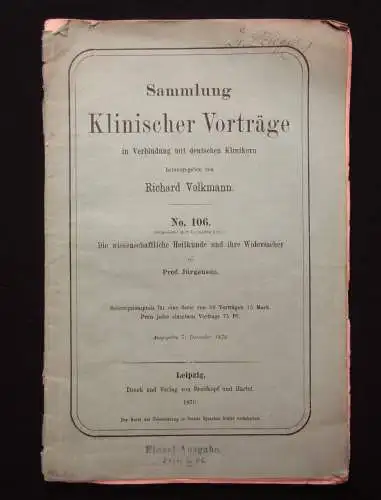 Volkmann Sammlung klinischer Vorträge in Verbindung m dt. Klinikern 1876 Nr. 106