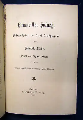 Ibsen Baumeister Solneß 1893 Schauspiel Theater Belletristik Erstausgabe sf