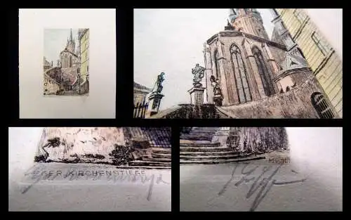 Eger/Cheb Farb- Radierung " Kirchenstiege " um 1920 signiert unten r. Kunst