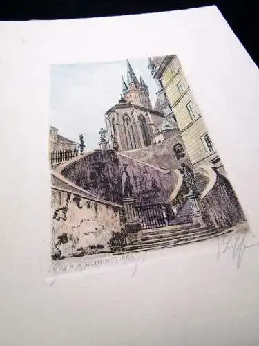 Eger/Cheb Farb- Radierung " Kirchenstiege " um 1920 signiert unten r. Kunst