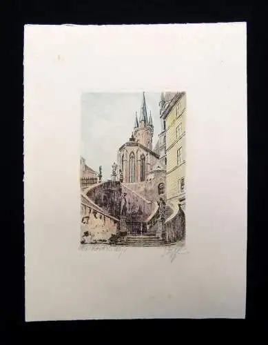 Eger/Cheb Farb- Radierung " Kirchenstiege " um 1920 signiert unten r. Kunst