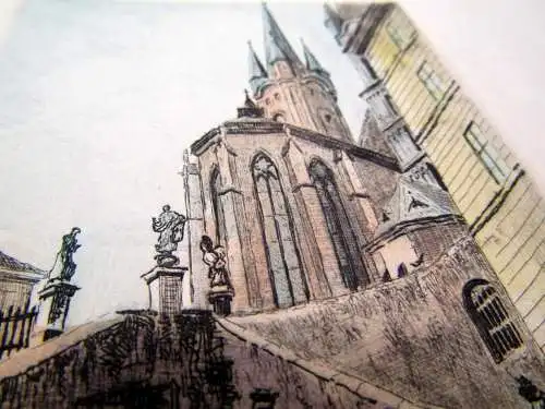 Eger/Cheb Farb- Radierung " Kirchenstiege " um 1920 signiert unten r. Kunst