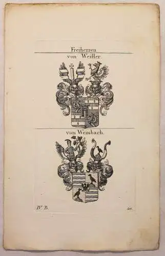 Kupferstich Wappen Familie von Weiller & v Weinbach 1825 Heraldik Adel Bayern xz