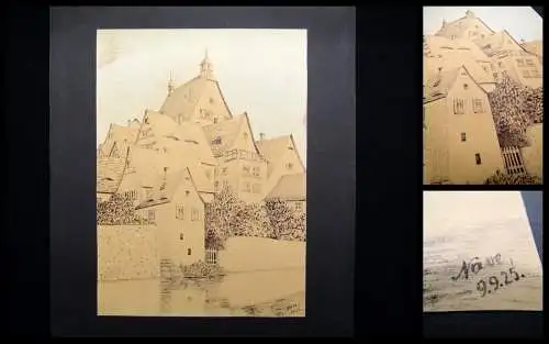 lavierte Federzeichnung Besigheim am Enzufer Stadtpartie Baden-Württemberg