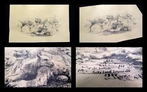 Fritz Ludwig Schmidt "Lämmer auf der Weide" 1944 sign. und datiert Lithografie