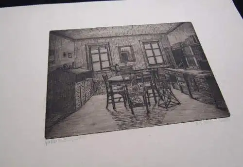 Heinz Gustav Weis Radierung "Goethes Arbeitszimmer" um 1820 ca.11 x 17 cm