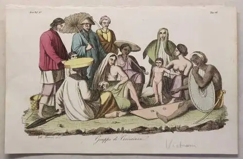 Asien Vietnam Cochinchina Trachten Kupferstich um 1825 Bernieri handkoloriert 