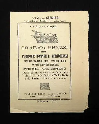 Zugfahrplan+Preise Rom/Neapel/Umland 1875 Orario e Prezzi Delle Ferrovie Romane