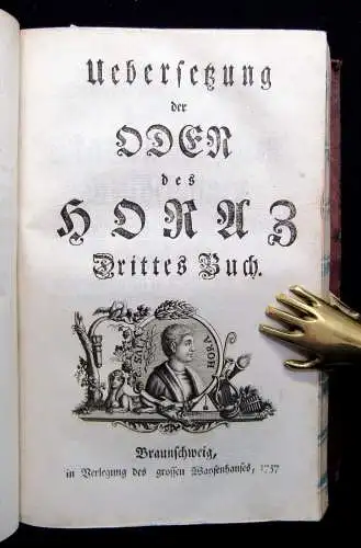 Uebersetzung des Oden des Horaz 5 Teile in 1 Buch 1756 zahlreiche Kupfervignett.