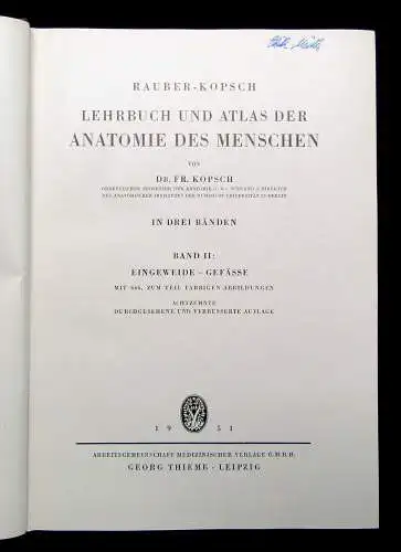 Kopsch Lehrbuch und Atlas der Anatomie des Menschen 1952 Bd. 1-3 komplett Wissen
