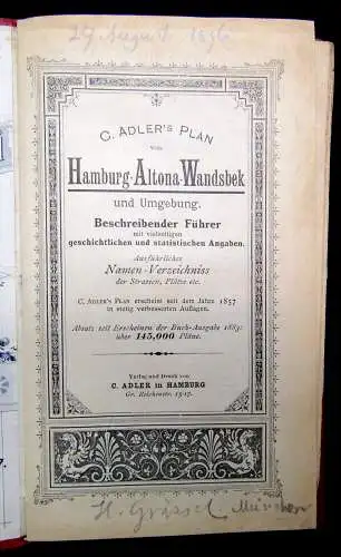 Adler Plan von Hamburg Altona- Wandsbek 1857 nebst beschreibendem Führer 1:18000