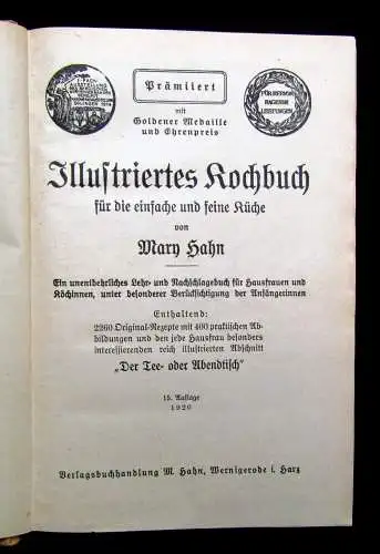 Hahn Illustriertes Kochbuch 1920 2260 Orig.-Rezepte 400 Abbildungen kochen Küche