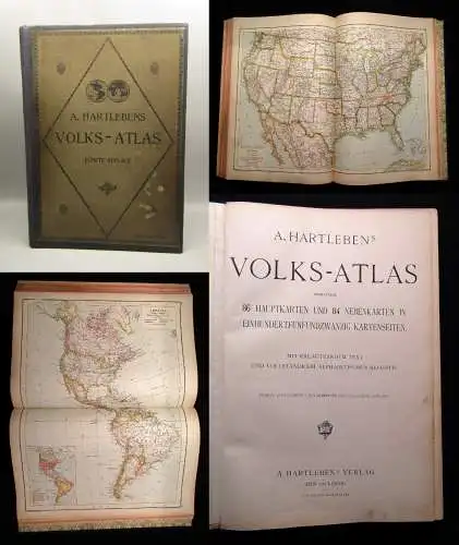 A. Hartlebens Volks-Atlas 86 Hauptkarten und 84 Nebenkarten um 1913 Geografie