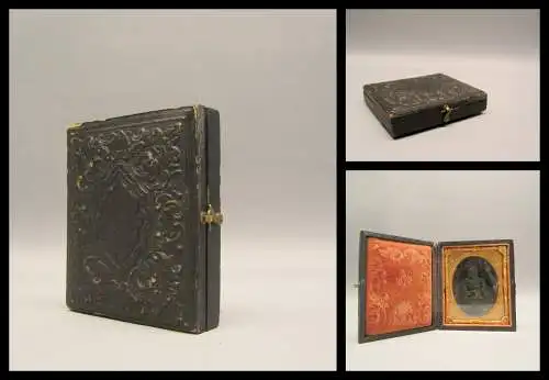 Daguerotype eines kleinen Mädchens in goldenem Rahmen, hinter Glas und Schatulle